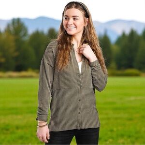 NEW Paper Crane Striped‎ High Low Blouse Jersey Knit Button up Comfy Fall S
